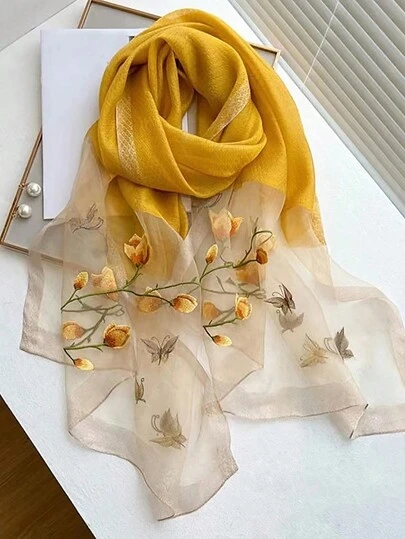 1pc Ladies' Floral Embroidery Fashion Scarf, Daily Silk & Knit Blend Shawl/Pashmina Long Scarf For Outfit Accessory Elegant