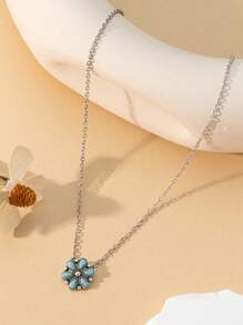 1pc Green Turquoise Little Flower Decor Silver Chain Necklace, Suitable For Women's Bohemian Western Jewellery, Festival Gift - N-07 - View 1