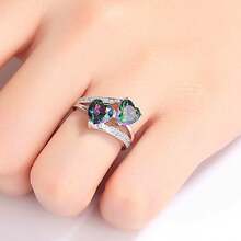 1 件歐美時尚七色雙心型情侶戒指鑲鑽,非常適合聖誕節、情人節和新年禮物 - 銀色 - 查看 2