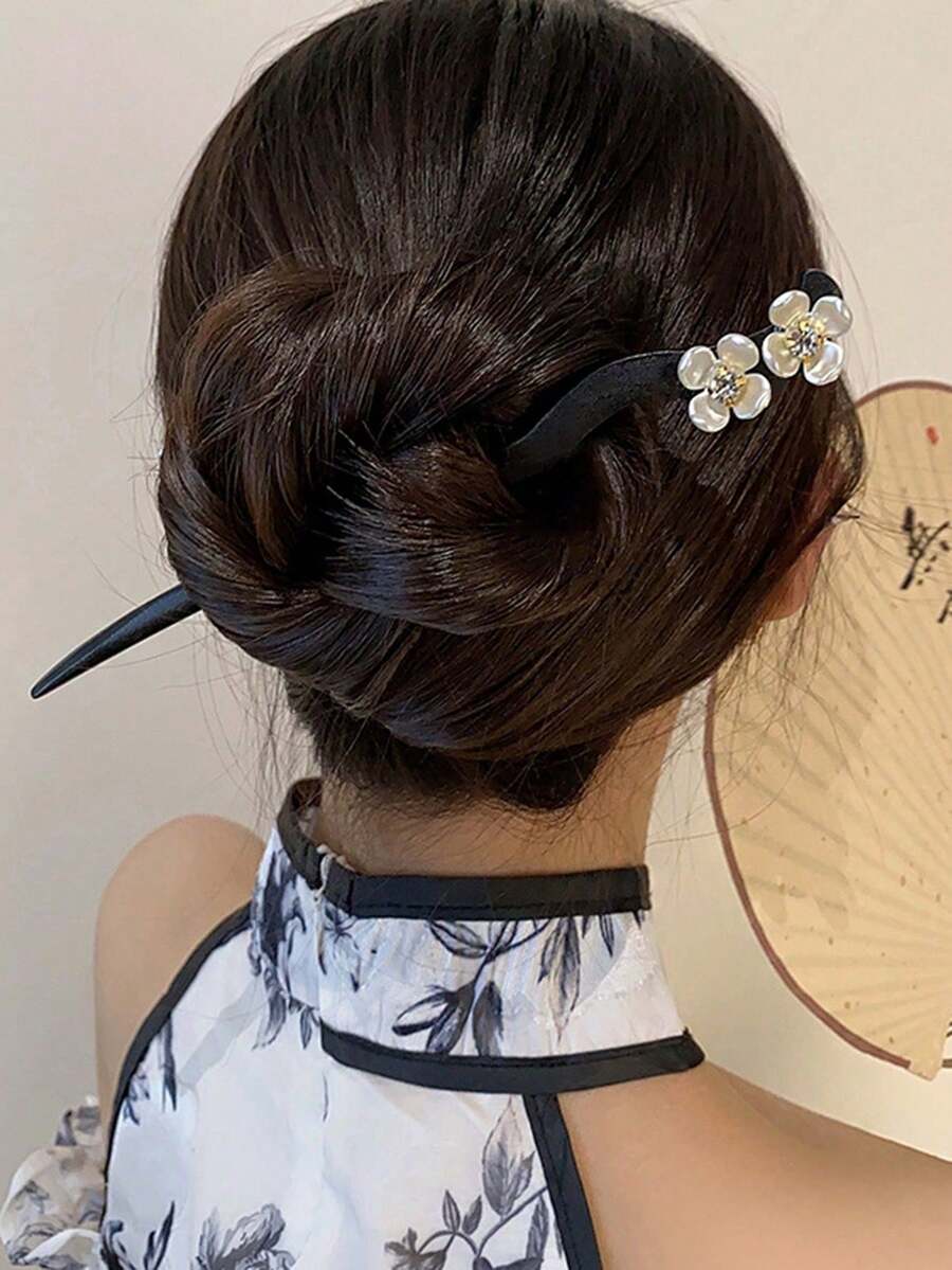 1入 - 結合現代木工技藝的中式傳統髮簪,適用於女士旗袍服飾,新中式花朵髮夾,日常飾品配件 - 黑色 - 查看 1