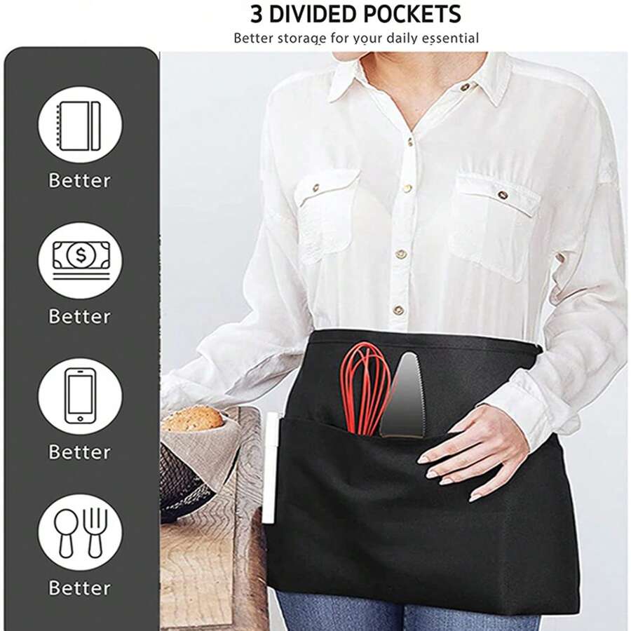 1pc Black Apron With 3 Pockets, Waist Apron For Men And Women, Waiters And Service Staff, Reinforced Long Ties And Reinforced Seams,Kitchen,Bathroom,Home,Household Suppliers - Black - View 1