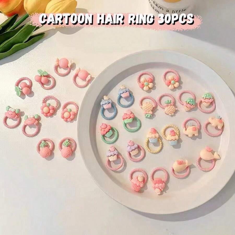 30入組女童可愛水果動物雪糕花束頭結多彩髮圈多色壓克力可愛卡通風格萌萌哒織卡通髮帶,適用於嬰兒女孩日常使用(包裝在袋中) - 彩色 - 查看 1