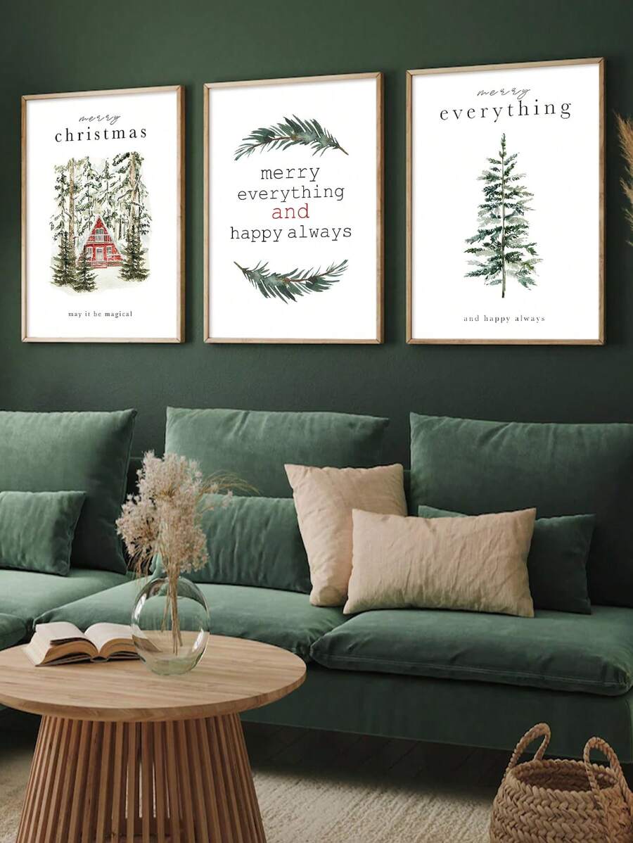 3入組冬季聖誕主題裝飾畫,油畫風格植物藝術印刷品,簡約風格 - 彩色 - 查看 1