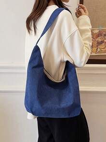 休閒簡約的灰鵝絨拼色單肩包,適用於日常通勤 - 寶藍色 - 查看 2