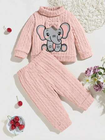 秋冬新款女宝宝卡通大象刺绣长袖长裤保暖套装