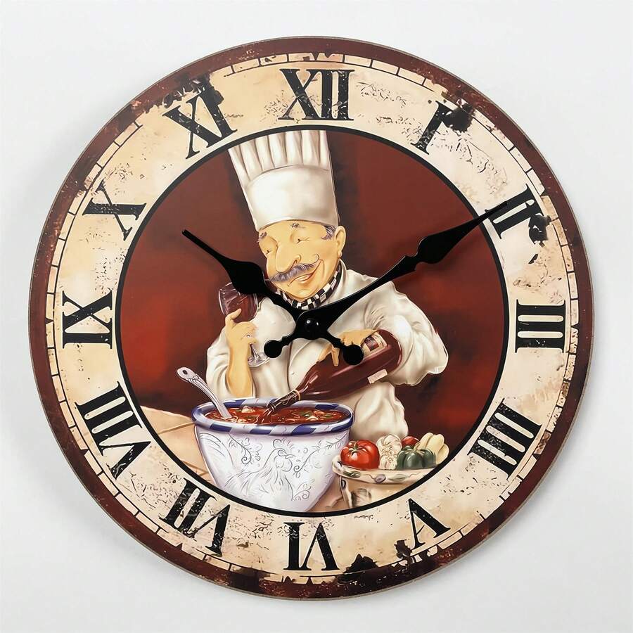 復古木製掛鐘,意大利廚師圖案,靜音電池供電圓形裝飾掛鐘,適用於房間廚房餐廳食物節日裝飾,可以送禮給廚師,10吋12吋14吋16吋(無電池)