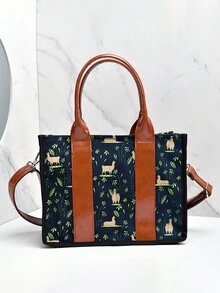 印有花朵、貓頭鷹、羊駝圖案的多功能通勤包,大容量防水可攜式防盜手提包,帶尼龍紋肩帶,適合女孩,女士,新手和職場白領使用,在工作、旅行、通勤和外出時都很方便 - 藏蓝色 - 查看 1