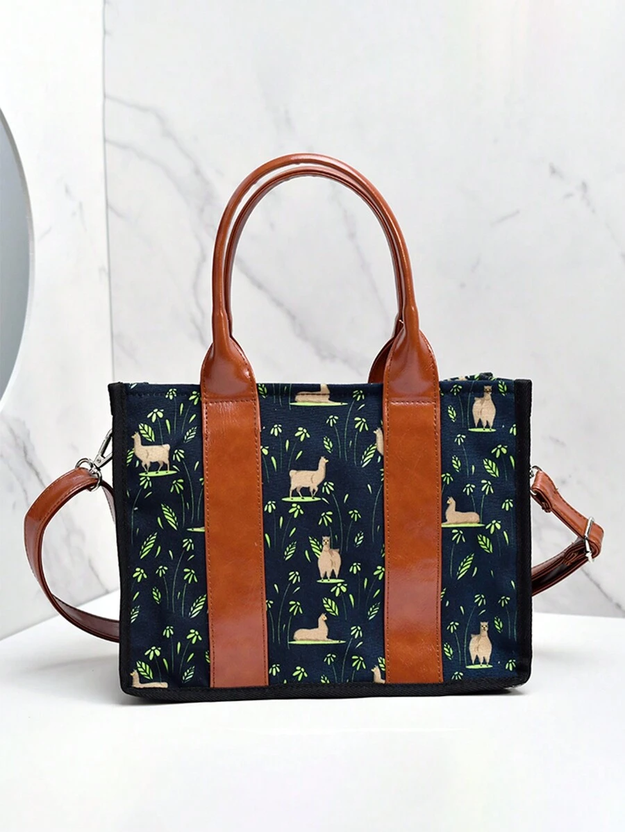 印有花朵、貓頭鷹、羊駝圖案的多功能通勤包,大容量防水可攜式防盜手提包,帶尼龍紋肩帶,適合女孩,女士,新手和職場白領使用,在工作、旅行、通勤和外出時都很方便 - 藏蓝色 - 查看 1