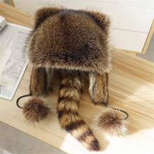 1pc Unisex Raccoon Earflap Hat, Faux Racoon Fur Trapper Hat, Winter Warm Hat - Brown - View 5