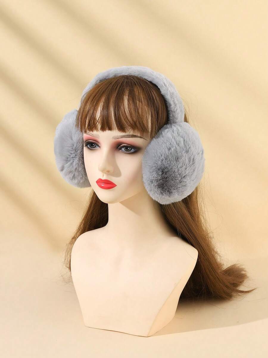 1pc Winter Faux Rabbit Fur Women's Solid Color Warm Foldable Ear Muffs - Grey - View 1