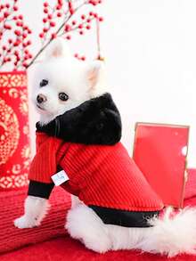 1 件装小狗冬季保暖连帽衫，全印花可爱户外新年红色厚保暖内衬 - 紅色 - 查看 3