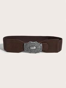 1件女款棕色絨面pu外套,雕刻矩形扣釦,具有塑形和束腰設計,西方風格裝飾,適合日常穿著 - 棕色 - 查看 2