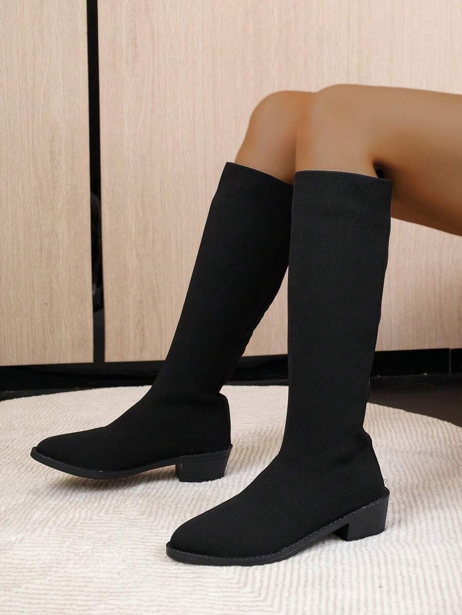 新款輕盈方跟尖頭時尚百搭針織女款及膝靴 2023 秋冬 - 黑色 - 查看 1
