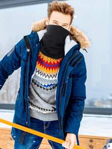 Neck Gaiter Neck Warmer Fleece Ski Scarf Windproof Face Mask Heavyweight Winter Scarf for Skiing Hiking Cycling - Black - View 7