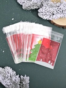 100入組聖誕卡通印刷自粘袋,有樹、字母印刷,適用於珠寶、耳環、項鍊、小物品儲存、生日、節日、婚禮、家用、食品包裝 - 彩色 - 查看 4