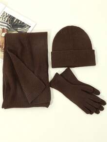 3入組女性休閒簡約款啡色針織圍巾、手套和帽子套裝,適用於秋冬穿搭 - 棕色 - 查看 2