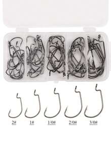 50pcs Fishing Hooks With Plastic Box Set, High Carbon Steel Material, Silver Color, With Sharp Barbs - Black - View 1