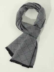 1入男士灰色時尚商務風格秋冬保暖圍巾,格紋設計和短毛邊,日常搭配 - 灰色 - 查看 4