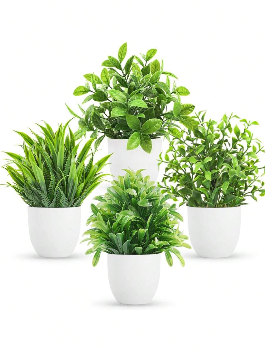 4 piezas de plantas de eucalipto mini artificiales, plantas en maceta falsas adecuadas para el hogar, la oficina, la granja, el baño, la decoración del escritorio, regalo interior, regalo de cumpleaños/graduación, decoración del jardín, plantas exteriores, jardinería, flores artificiales