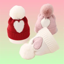 1pc Kid's Beanie Hat With Gold Threaded Heart Design And Single Pom Pom For Warmth And Festive Cheer - Red - View 3