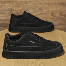 男士圆头系带厚底休闲运动鞋滑板鞋，透气，防滑，耐磨，适合工作，春秋季 - 黑色 - 查看 10