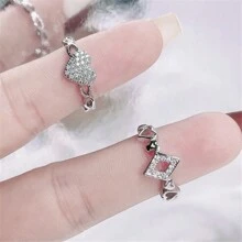 2 件/組奢華方晶鋯石心形飾品開口戒指套裝適合女士日常和婚禮佩戴 - 銀色 - 查看 1