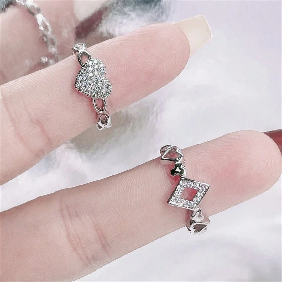 2 件/組奢華方晶鋯石心形飾品開口戒指套裝適合女士日常和婚禮佩戴 - 銀色 - 查看 1