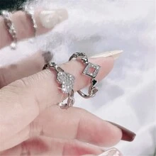2 件/組奢華方晶鋯石心形飾品開口戒指套裝適合女士日常和婚禮佩戴 - 銀色 - 查看 2