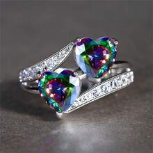 1 件歐美時尚七色雙心型情侶戒指鑲鑽,非常適合聖誕節、情人節和新年禮物 - 銀色 - 查看 6