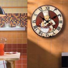 復古木製掛鐘,意大利廚師圖案,靜音電池供電圓形裝飾掛鐘,適用於房間廚房餐廳食物節日裝飾,可以送禮給廚師,10吋12吋14吋16吋(無電池)
