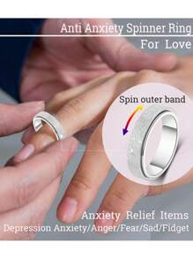 6mm Width Silver-Tone Titanium Steel Sand Blasting Spinning Ring, Perfect For Daily Wear, Relieve Anxiety And Stress - Silver - View 3