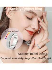 6mm Width Silver-Tone Titanium Steel Sand Blasting Spinning Ring, Perfect For Daily Wear, Relieve Anxiety And Stress - Silver - View 1