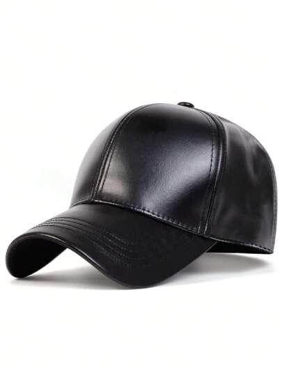 1pc Men's Pu Leather Baseball Cap, Black Adjustable Solid Color Sun Hat For Spring And Autumn Travel, Beach Parties Casual