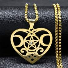 三重月亮女神愛心吊墜項鍊不銹鋼水晶五角星項鍊異教首飾 - 金色 - 查看 7