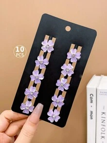 10入組女孩可愛的紫色花朵和鑽石百搭發夾 - 紫色 - 查看 3