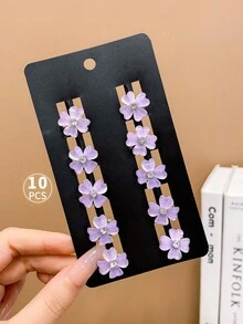 10入組女孩可愛的紫色花朵和鑽石百搭發夾 - 紫色 - 查看 5