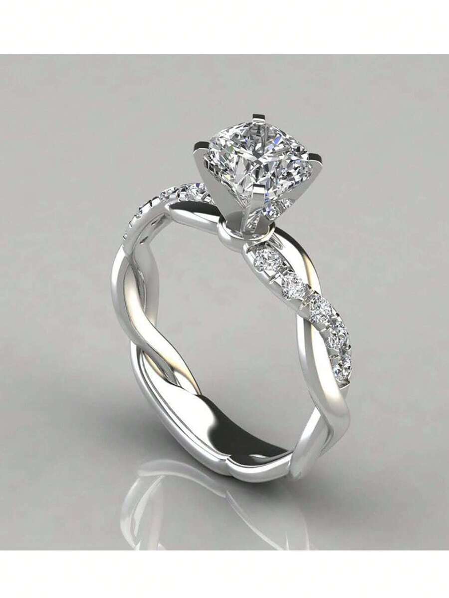 1枚时尚优雅玫瑰金公主方形切割/圆形/扭纹钻石订婚/结婚戒指，毕业、周年纪念、情人节礼物（女士款） - 銀色 - 查看 1