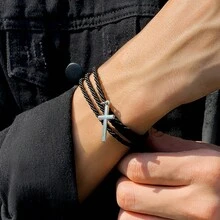 1pc Multilayer Cross Pendant Woven Bracelet For Men, European And American Style Jewelry Hand Rope In Black - Black - View 2