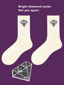 2 雙閃亮水鑽裝飾中筒襪,個性化設計,非常適合日常穿著 - 白色 - 查看 1