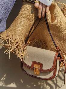 Canvas Color Block Patchwork Small Flap Bag, Suitable For Girls, Women, Students, Professionals, Office, Commuting, School