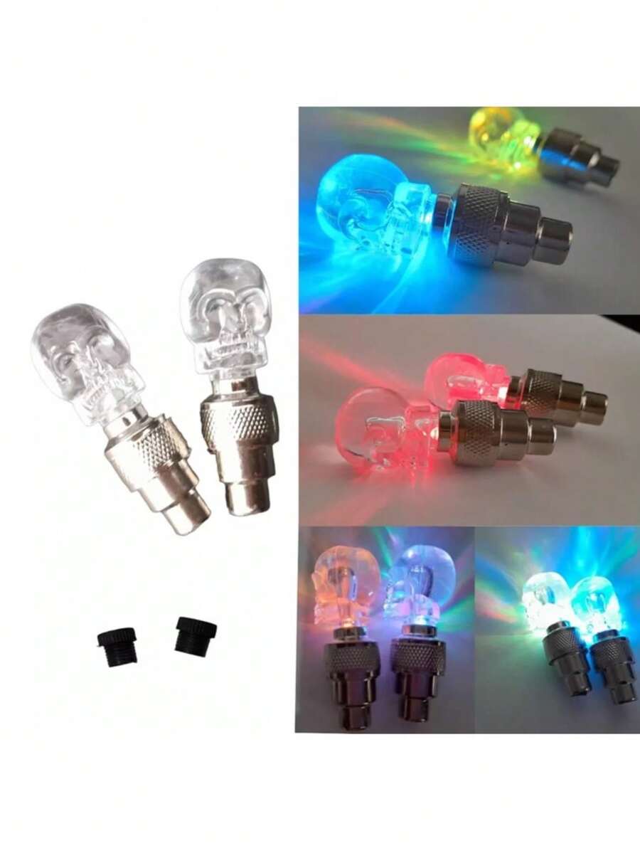 PAIR OF MULTICOLOR SKULL SHAPE LED LIGHTS FOR WHEEL RIM VALVE BICYCLE MOTORCYCLE CAR ELECTRIC SKATEBOARD - Multicolor - View 1