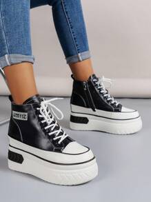 Của phụ nữ Đúng mốt Giày bốt ngắn Với Bên trong Tăng Chiều Cao Thiết kế , Phong cách Anh quốc Đế dày Giày ống Ankle Cho mùa xuân Và Mùa thu , Mới Giày dép , Da đen Đơn giản Giày ống - màu đen - Xem 1