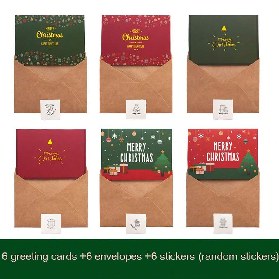 6pcs Christmas Greeting Cards Set With Envelopes, Creative Handmade Diy Cartoon Birthday Blessing Mini Thank You Cards Message Cards - Multicolor - View 1