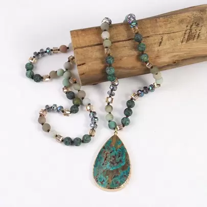 1pc Fashionable Bohemian Style Blue Turquoise & Crystal & Glass Mix Knot Necklace, Stone Teardrop Pendant Sweater Chain, Suitable For Everyday Wear