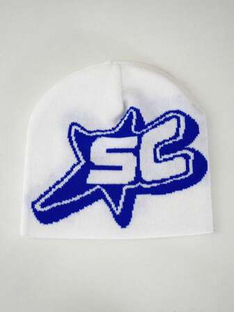 1pc Y2K Style Gothic Letter SC Jacquard Knit Hat Warm And Fashionable Knitted Hat For Outdoor, Cycling, Traveling, Skiing Street Beanie Fall Outfit