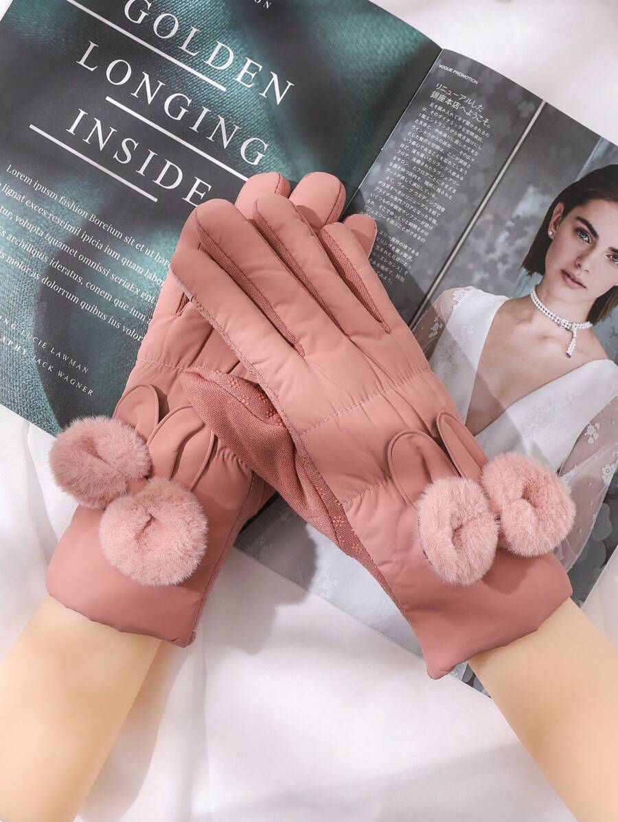 1 đôi Mùa Đông Dễ thương Màu hồng Dày ấm áp Thể thao Găng tay trượt tuyết , Thích hợp Đối với Ngoài trời Thể thao Và Ấm áp - Hồng - Xem 1