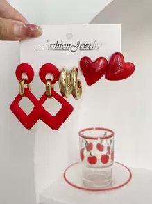 1 Set Of 3 Pairs Personalized Geometric Diamond Shaped Dangle Earrings, Heart Stud Earrings, Luxurious High-End Ear Jewelry Set - Multicolor - View 1