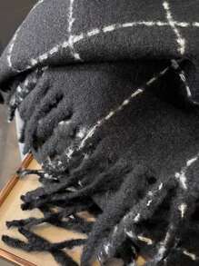 1條女士新時尚格紋披肩配流蘇,適用於冬季戶外保暖 - 黑色 - 查看 3