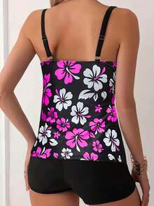 Floral Print Spaghetti Strap Backless Tankini Swimsuit Set, Casual Sexy Beach Outfit, Medium Stretch - Black - View 3