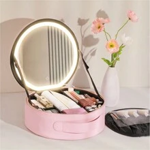 Estuche De Maquillaje De Viaje De Fábrica Con Espejo De Luz Led, Estuche De Maquillaje Con Espejo Extraíble, Bolsa De Cosméticos - Rosa - Ver 5